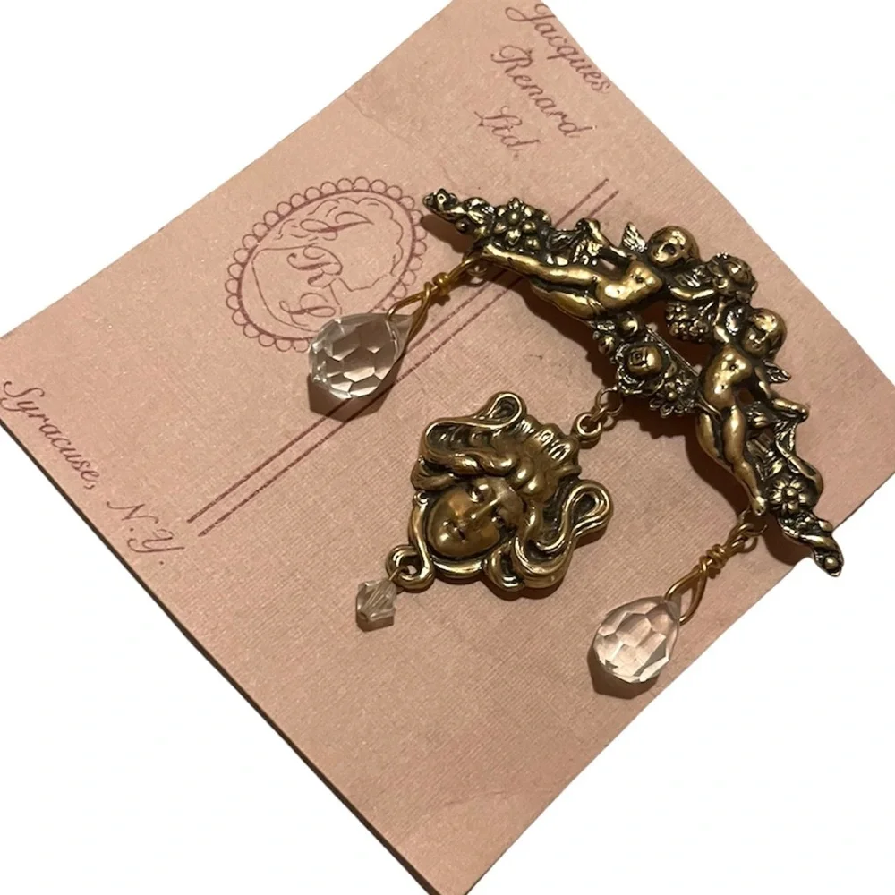 Victorian Angel Brooch Pin Romantic Cherub Ornate Gold Floral Crystal Gemstone